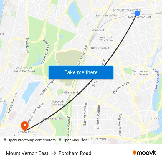 Mount Vernon East to Fordham Road map