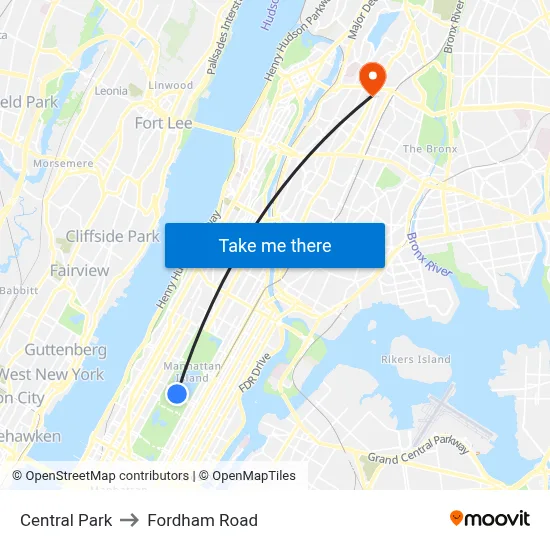 Central Park to Fordham Road map