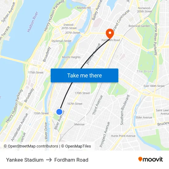 Yankee Stadium to Fordham Road map
