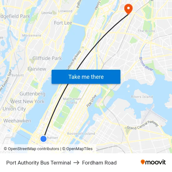 Port Authority Bus Terminal to Fordham Road map