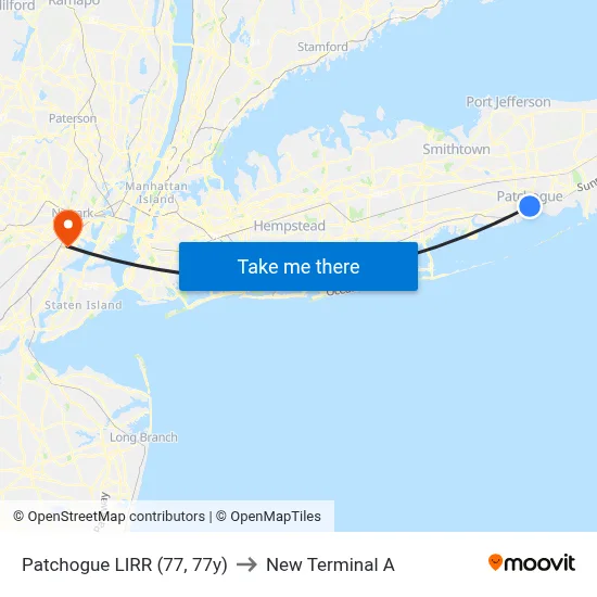 Patchogue LIRR (77, 77y) to New Terminal A map
