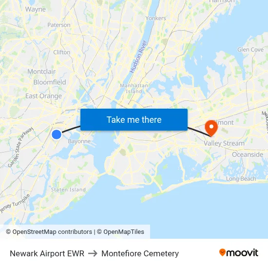 Newark Airport EWR to Montefiore Cemetery map