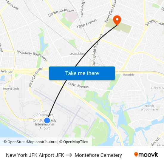 New York JFK Airport JFK to Montefiore Cemetery map