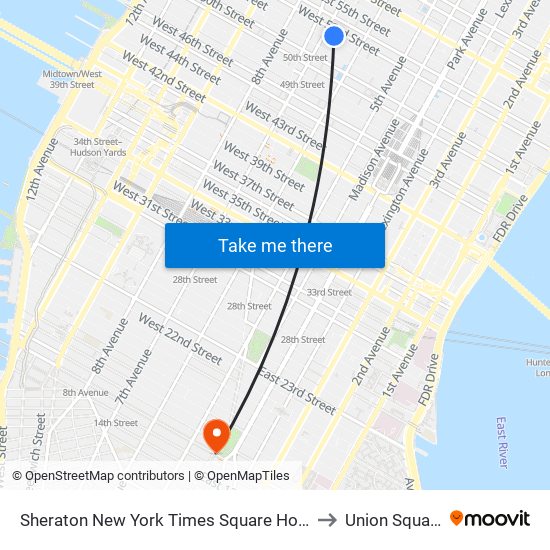 Sheraton New York Times Square Hotel to Union Square map