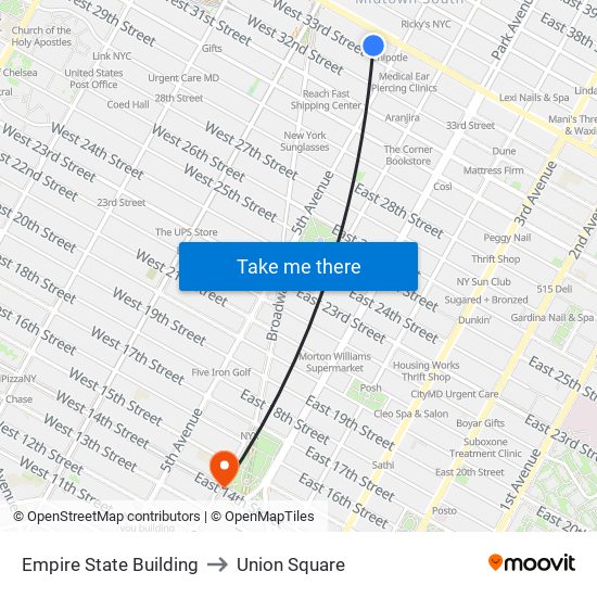 Empire State Building to Union Square map