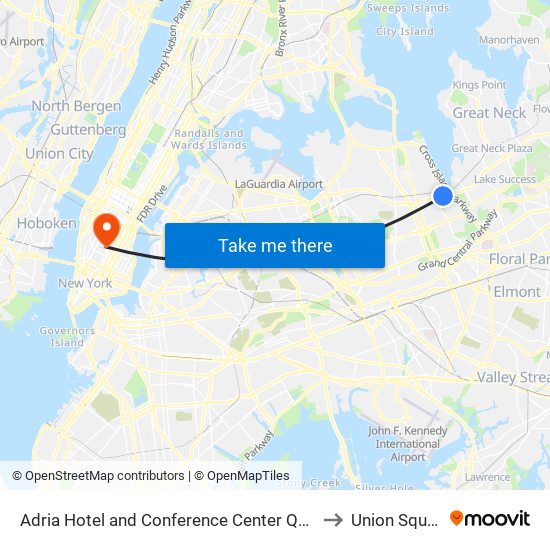 Adria Hotel and Conference Center Queens to Union Square map