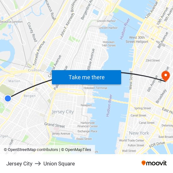 Jersey City to Union Square map