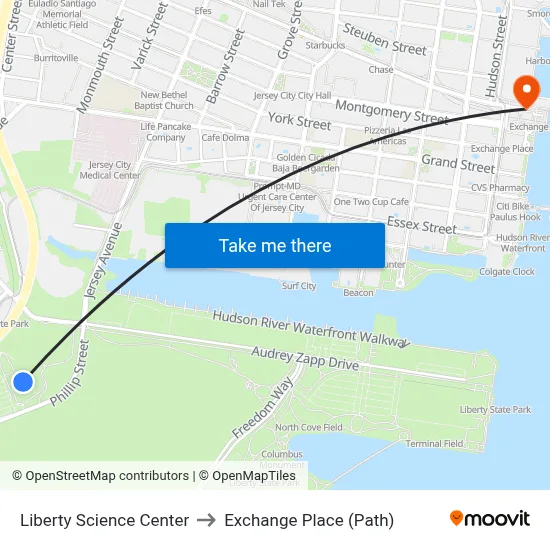 Liberty Science Center to Exchange Place (Path) map
