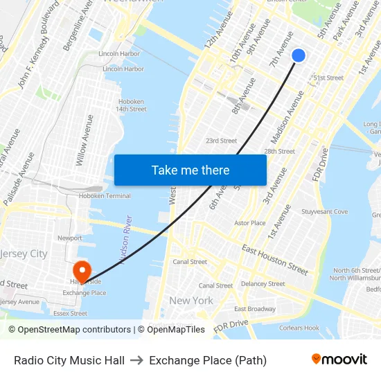 Radio City Music Hall to Exchange Place (Path) map