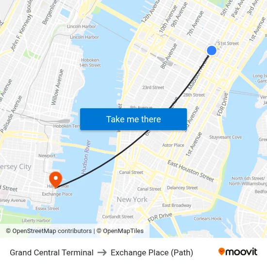 Grand Central Terminal to Exchange Place (Path) map