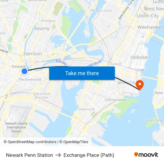 Newark Penn Station to Exchange Place (Path) map