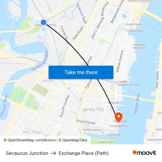Secaucus Junction to Exchange Place (Path) map