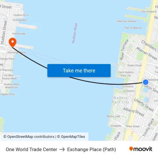 One World Trade Center to Exchange Place (Path) map