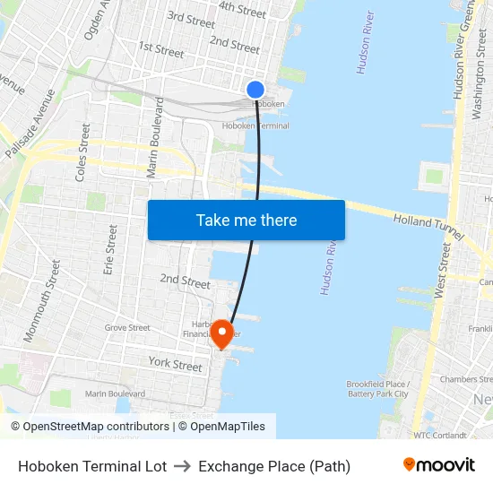 Hoboken Terminal Lot to Exchange Place (Path) map