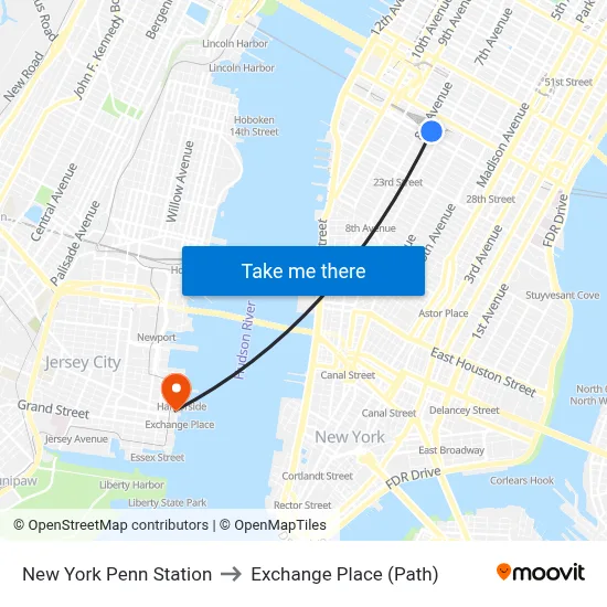 New York Penn Station to Exchange Place (Path) map