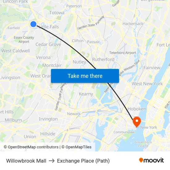Willowbrook Mall to Exchange Place (Path) map