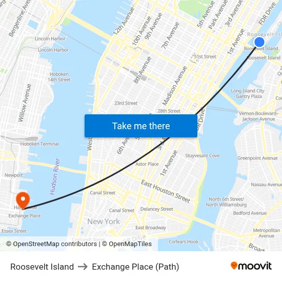 Roosevelt Island to Exchange Place (Path) map