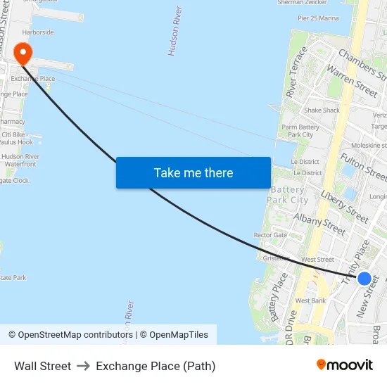 Wall Street to Exchange Place (Path) map