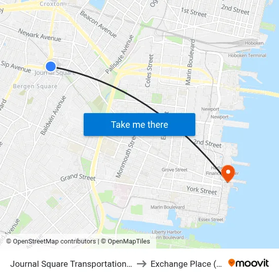 Journal Square Transportation Center to Exchange Place (Path) map