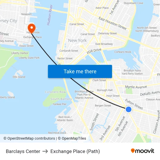 Barclays Center to Exchange Place (Path) map