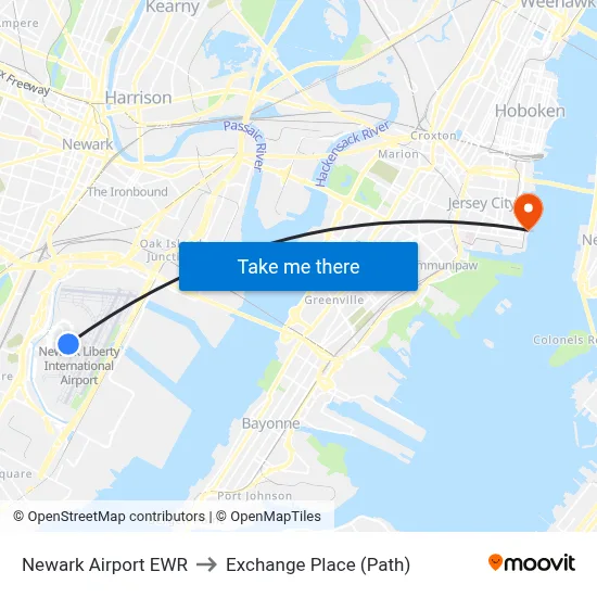 Newark Airport EWR to Exchange Place (Path) map