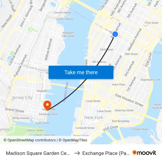 Madison Square Garden Center to Exchange Place (Path) map