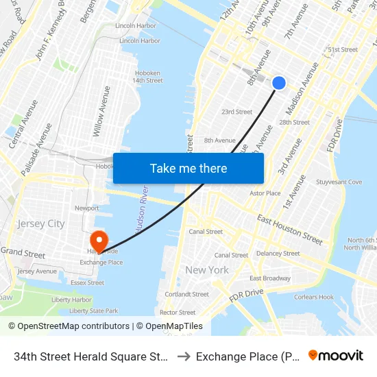 34th Street Herald Square Station to Exchange Place (Path) map