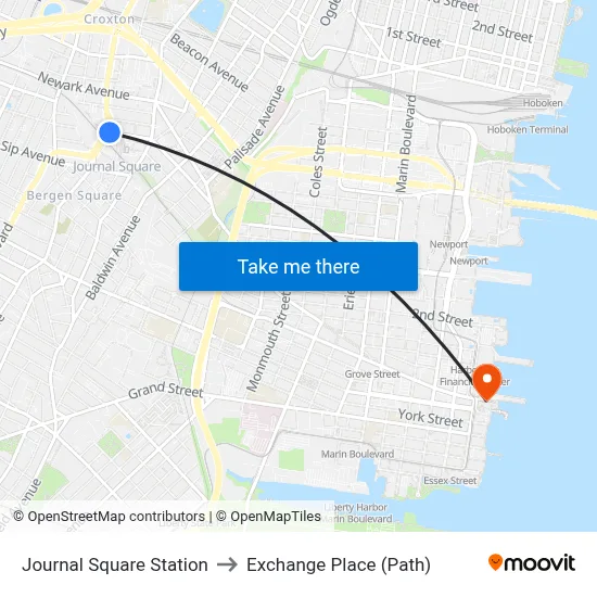Journal Square Station to Exchange Place (Path) map