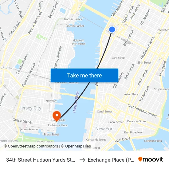 34th Street Hudson Yards Station to Exchange Place (Path) map