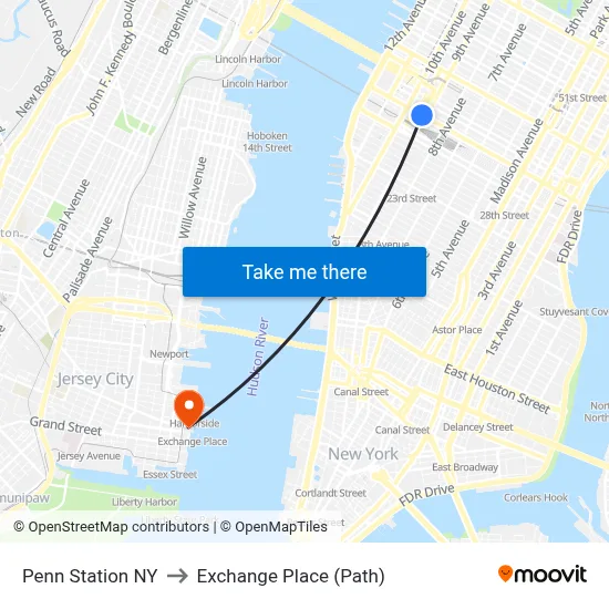 Penn Station NY to Exchange Place (Path) map