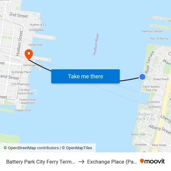 Battery Park City Ferry Terminal to Exchange Place (Path) map