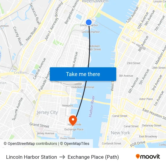 Lincoln Harbor Station to Exchange Place (Path) map