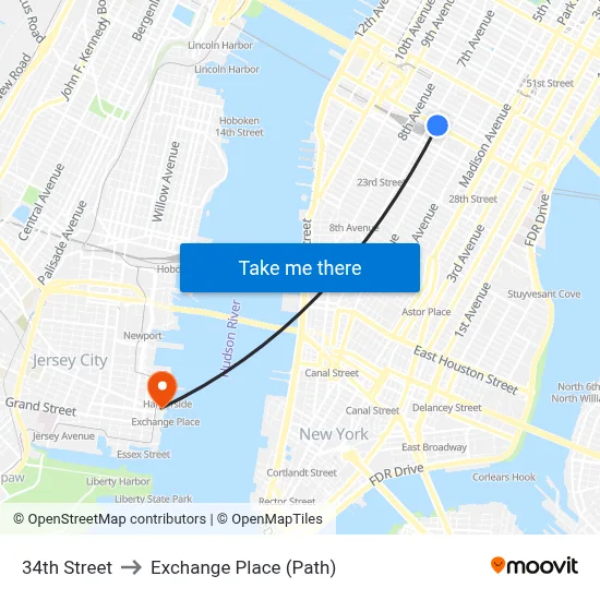 34th Street to Exchange Place (Path) map