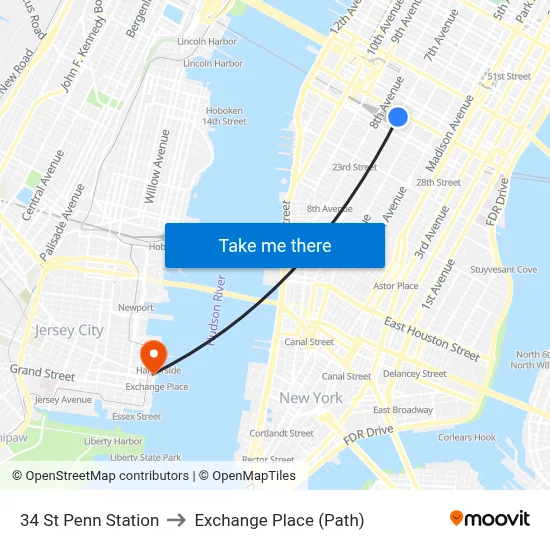 34 St Penn Station to Exchange Place (Path) map