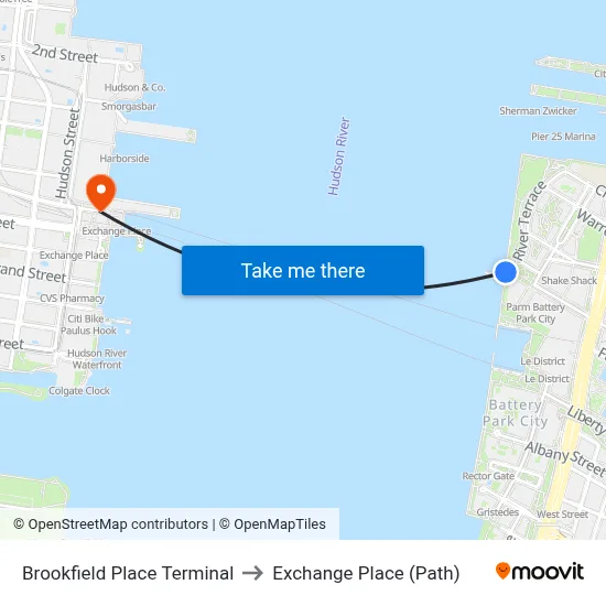 Brookfield Place Terminal to Exchange Place (Path) map