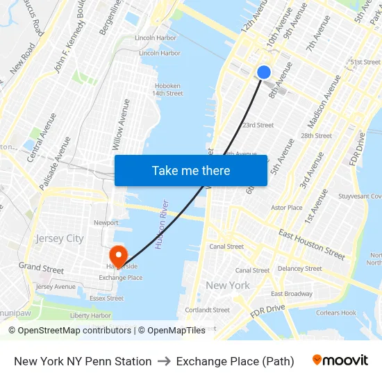 New York NY Penn Station to Exchange Place (Path) map