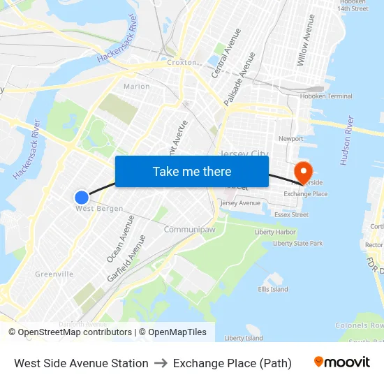 West Side Avenue Station to Exchange Place (Path) map