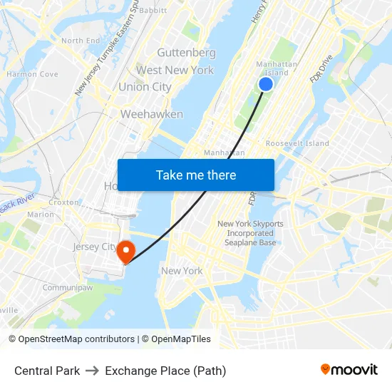 Central Park to Exchange Place (Path) map