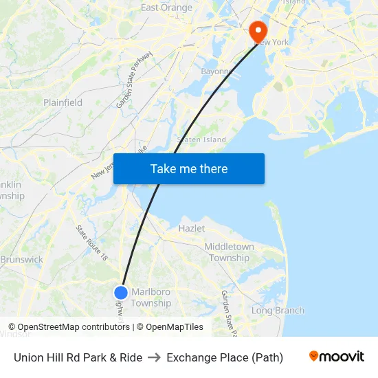 Union Hill Rd Park & Ride to Exchange Place (Path) map
