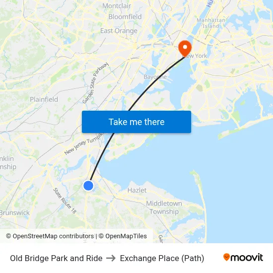 Old Bridge Park and Ride to Exchange Place (Path) map