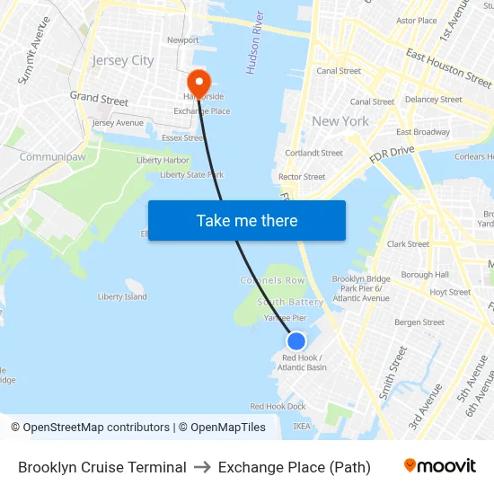 Brooklyn Cruise Terminal to Exchange Place (Path) map