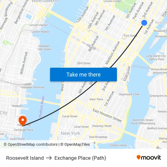 Roosevelt Island to Exchange Place (Path) map