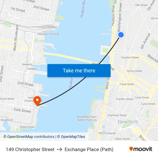 149 Christopher Street to Exchange Place (Path) map