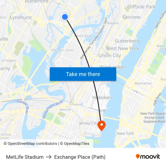 MetLife Stadium to Exchange Place (Path) map