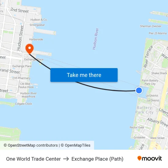 One World Trade Center to Exchange Place (Path) map