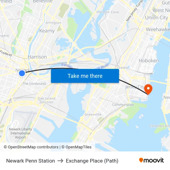 Newark Penn Station to Exchange Place (Path) map