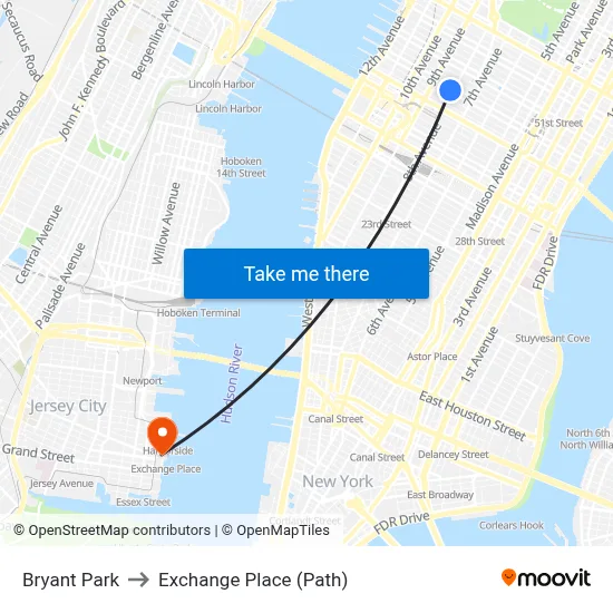 Bryant Park to Exchange Place (Path) map