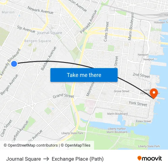 Journal Square to Exchange Place (Path) map