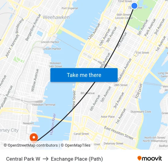 Central Park W to Exchange Place (Path) map