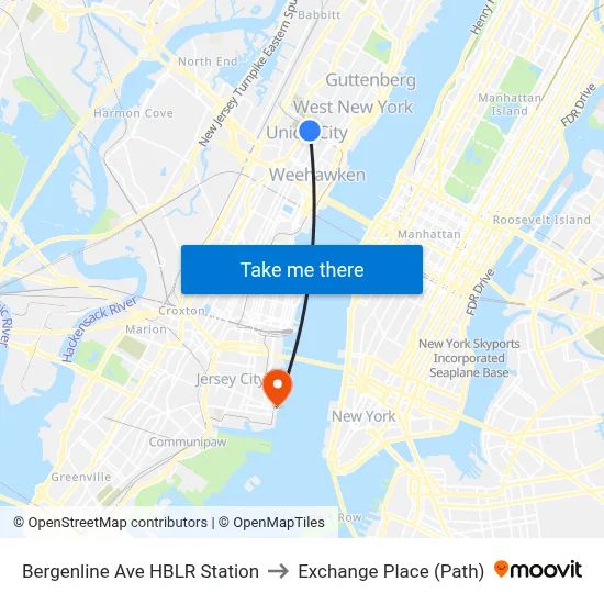 Bergenline Ave HBLR Station to Exchange Place (Path) map